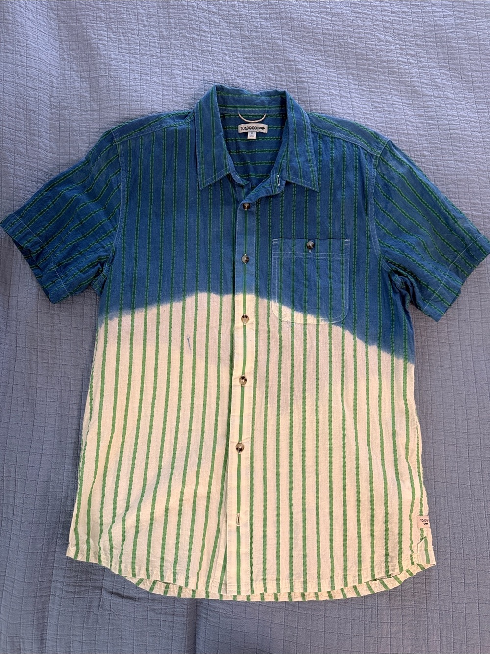 Toad&Co White and Green Striped Short-Sleeve Button-Down with dipped indigo dye